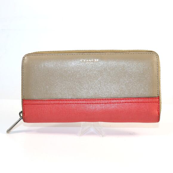 Coach Colorblock Saffiano Leather Zip Wallet Taupe Pink - Picture 1 of 6